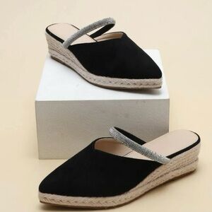 Rhinestone Detailed Black Espadrille Wedge Shoe